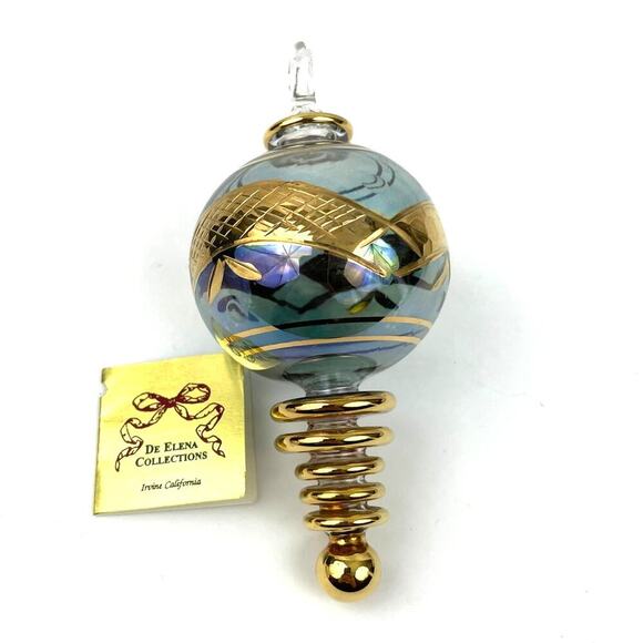 De Elena Collections Egyptian Mouth Blown Glass Ornament Blue Gold Holiday - Picture 1 of 16